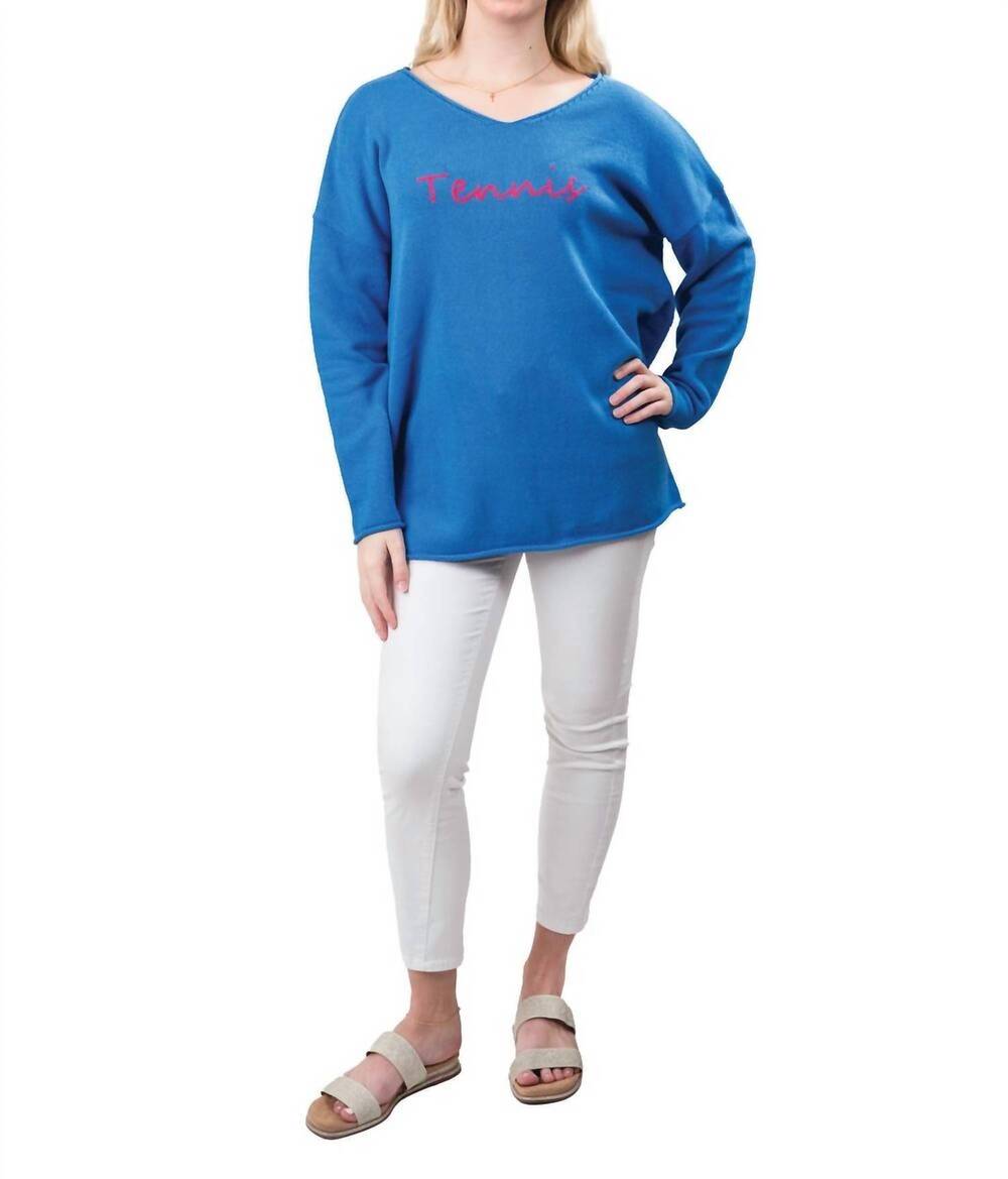 NEW TOP IT OFF elsie pullover sweater in blue with red tennis